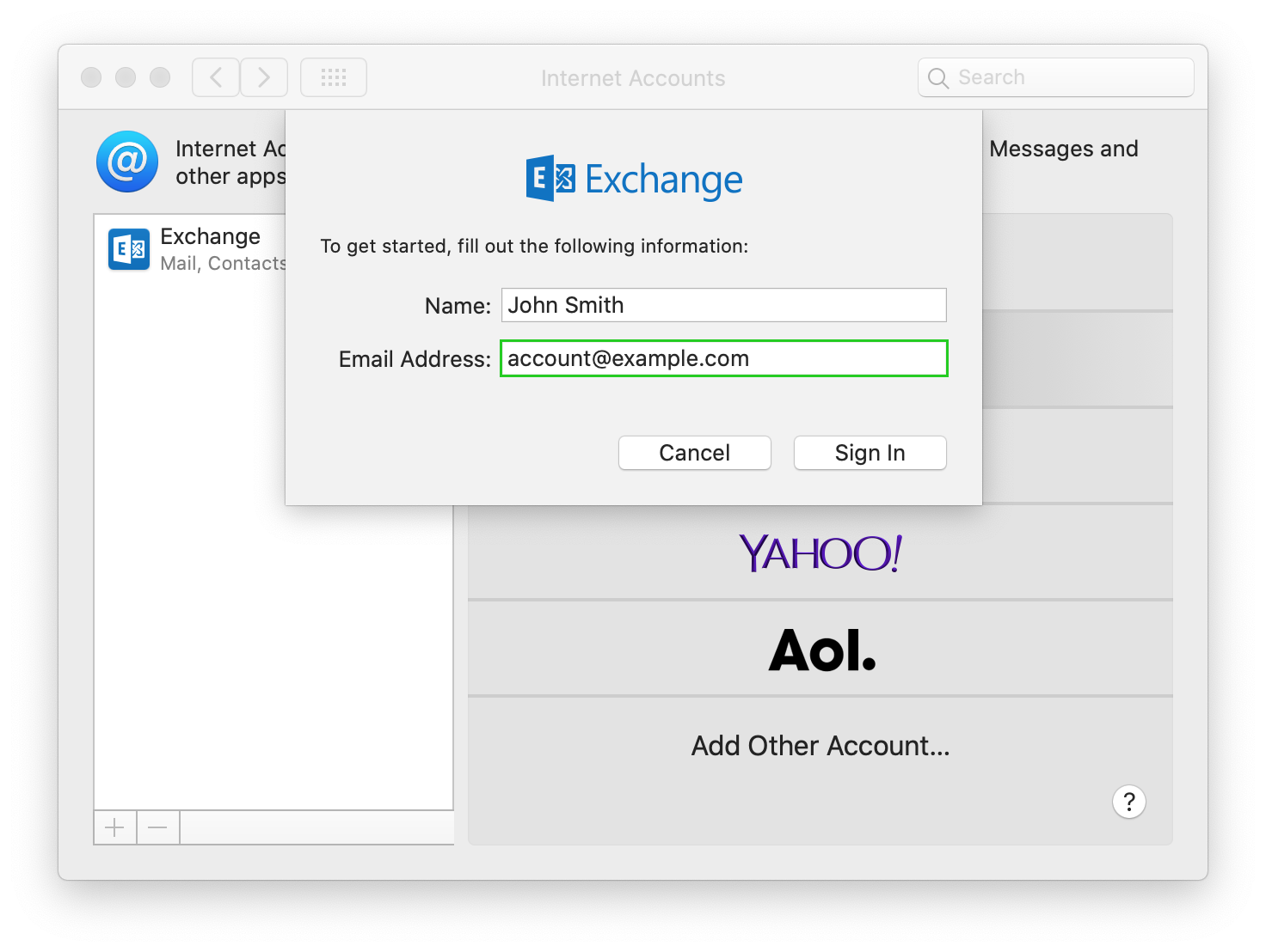 server address for exchange on mac